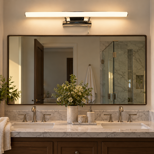 1210 B CHROME illuminated in a realistic bathroom interior - Dundalk Lighting