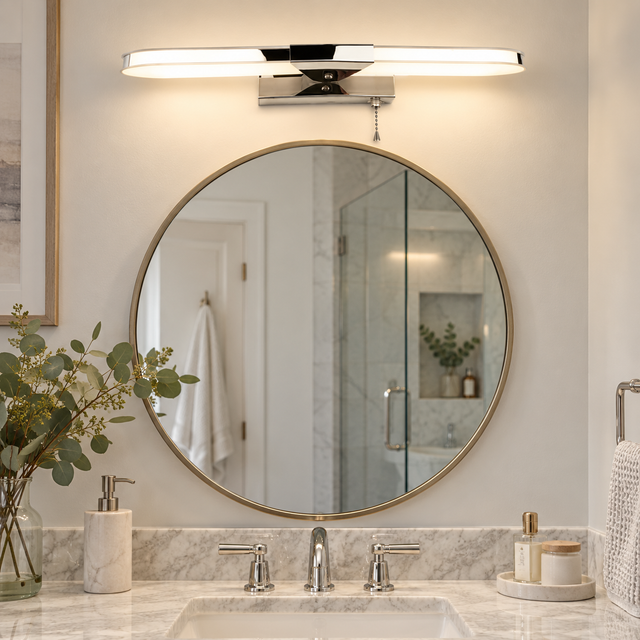 1211 A CHROME illuminated in a realistic bathroom interior - Dundalk Lighting