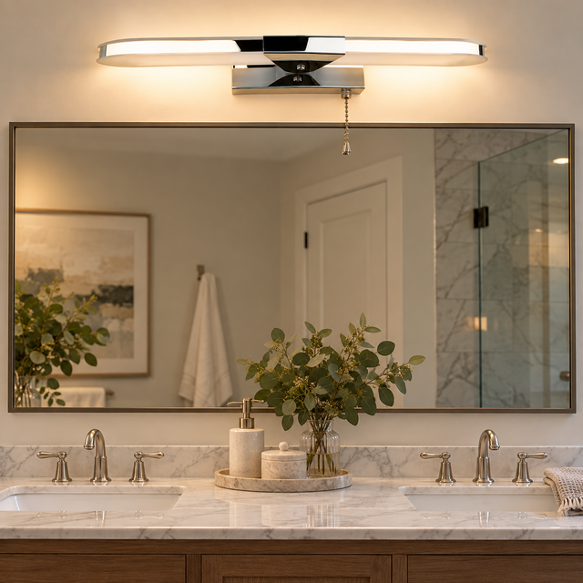 1211B CHROME illuminated in a realistic bathroom interior - Dundalk Lighting