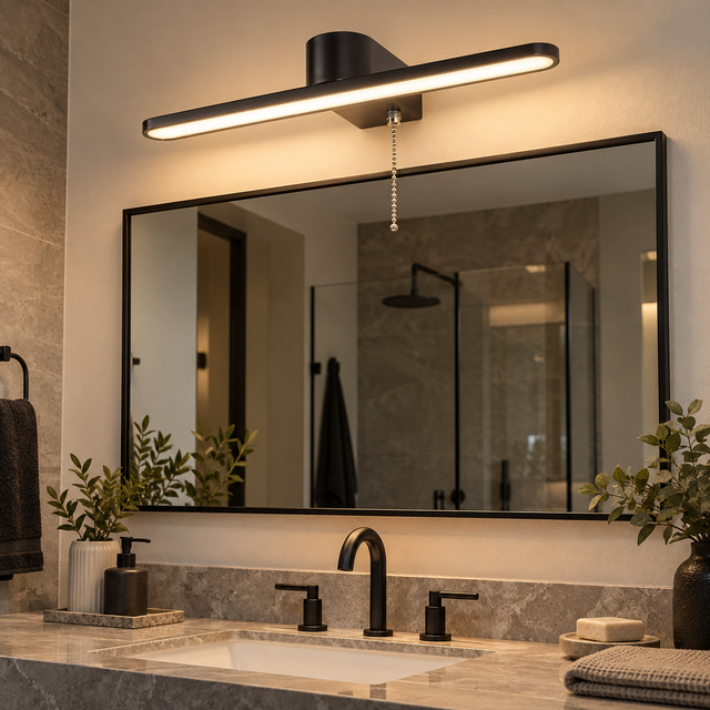 2210A BLK illuminated in a realistic bathroom interior - Dundalk Lighting