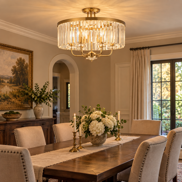 328/6 gold illuminated in a realistic interior - Dundalk Lighting