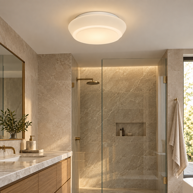 5031S illuminated in a realistic bathroom interior - Dundalk Lighting