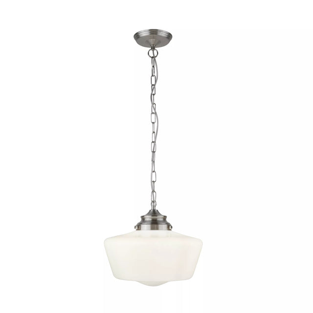 School House Pendant - Satin Silver Metal & Opal Glass