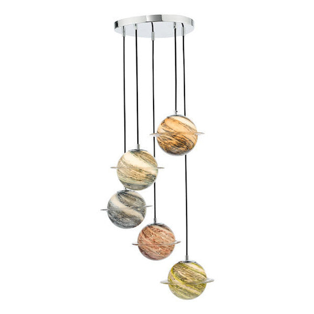Cygnus 5 Light Cluster Pendant Polished Chrome and Planet Style Glass
