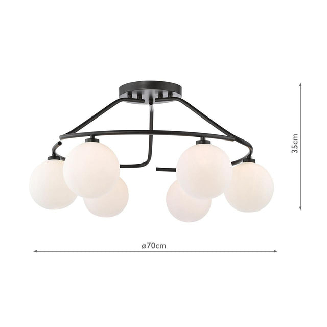 Luana 6 Light Semi-Flush Matt Black and Opal Glass