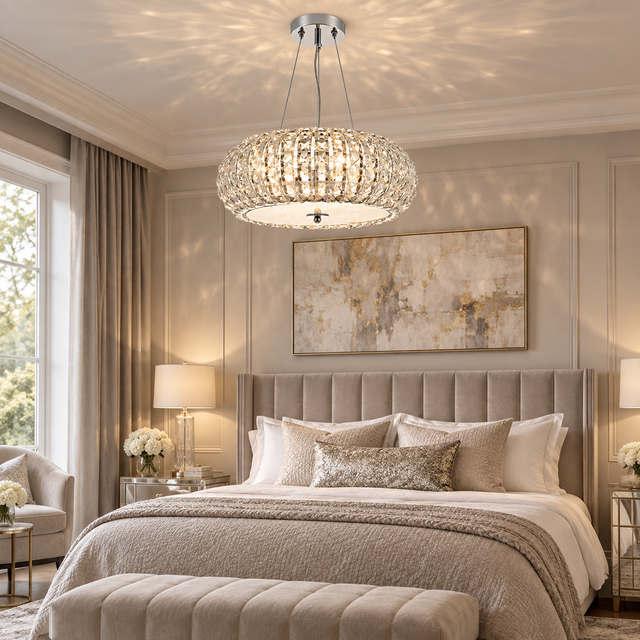 Piazza 3 Light Pendant Polished Chrome Crystal illuminated in a realistic interior - Dundalk Lighting