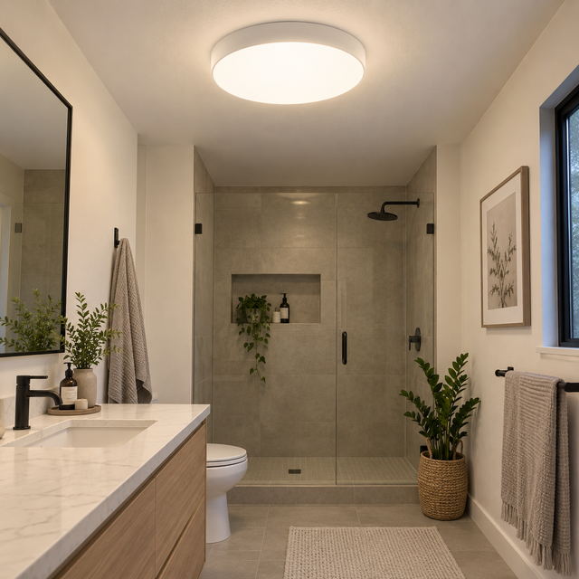 PRELUX PXOTH123D 12W LED DIMMABLE CEILING LIGHT FITTING OTHELLO illuminated in a realistic interior - Dundalk Lighting