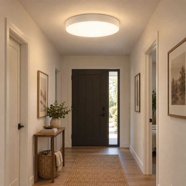 PRELUX PXOTH18E | 18W CEILING LIGHT FITTING | OTHELLO illuminated in a realistic interior - Dundalk Lighting