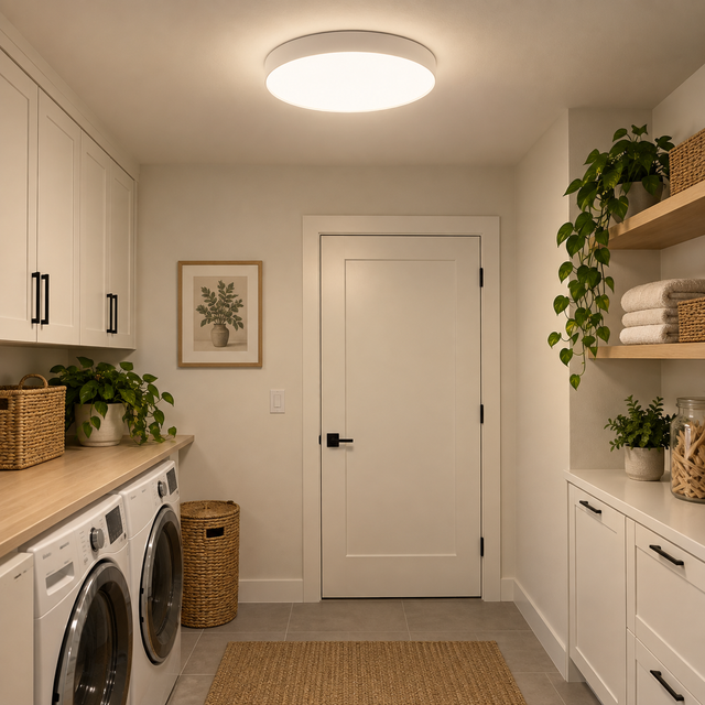 PRELUX PXOTH30K4 | 30W CEILING LIGHT FITTING | OTHELLO illuminated in a realistic interior - Dundalk Lighting