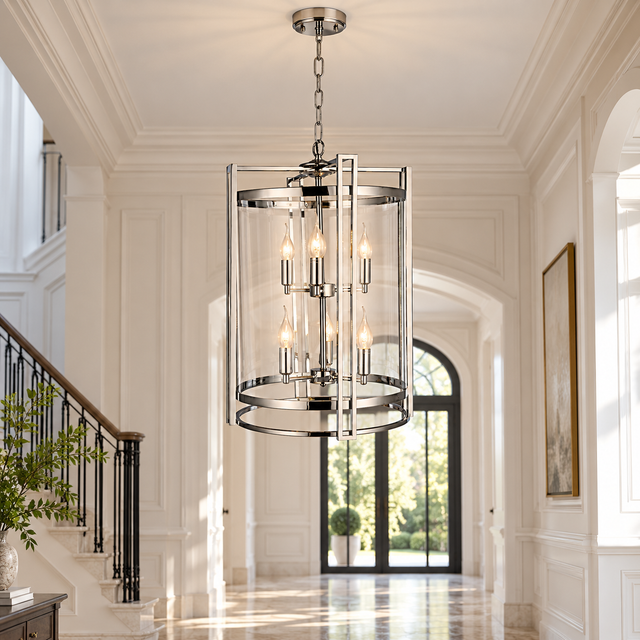 108/6 CHROME illuminated in a realistic interior - Dundalk Lighting