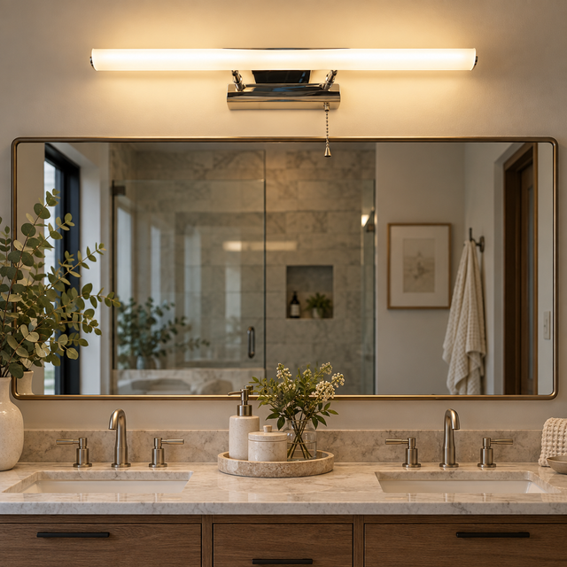 1210 A CHROME illuminated in a realistic bathroom interior - Dundalk Lighting