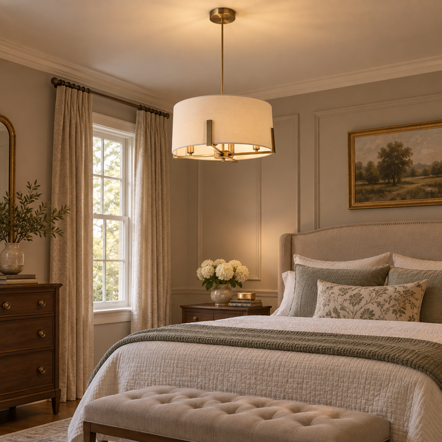 1272/4 ANTIQUE BRASS illuminated in a realistic interior - Dundalk Lighting