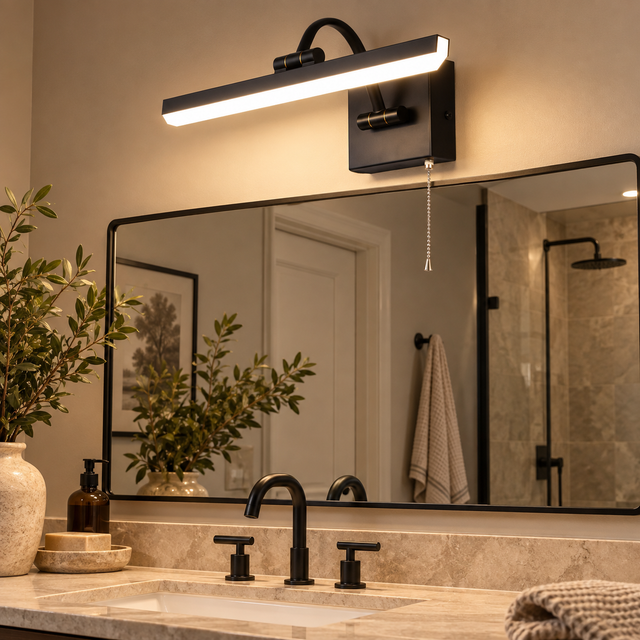 1790A BLACK illuminated in a realistic bathroom interior - Dundalk Lighting