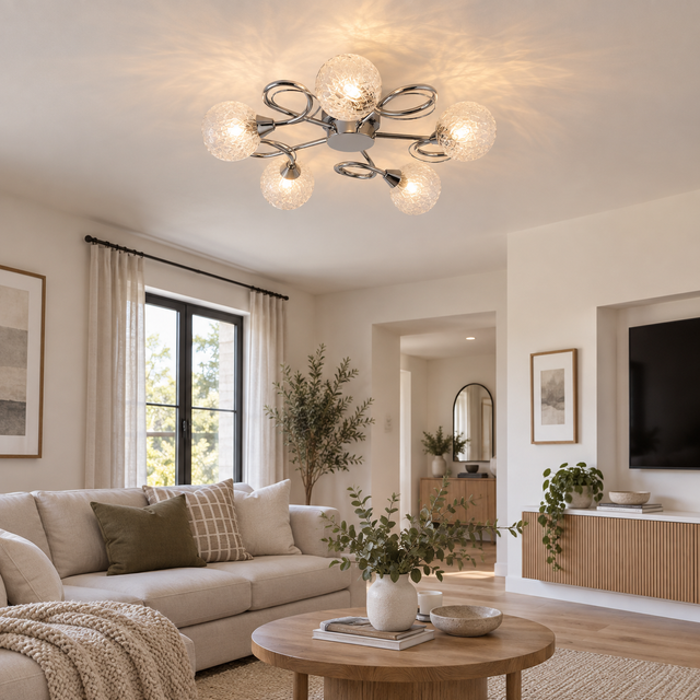 212/5 CHROME illuminated in a realistic interior - Dundalk Lighting