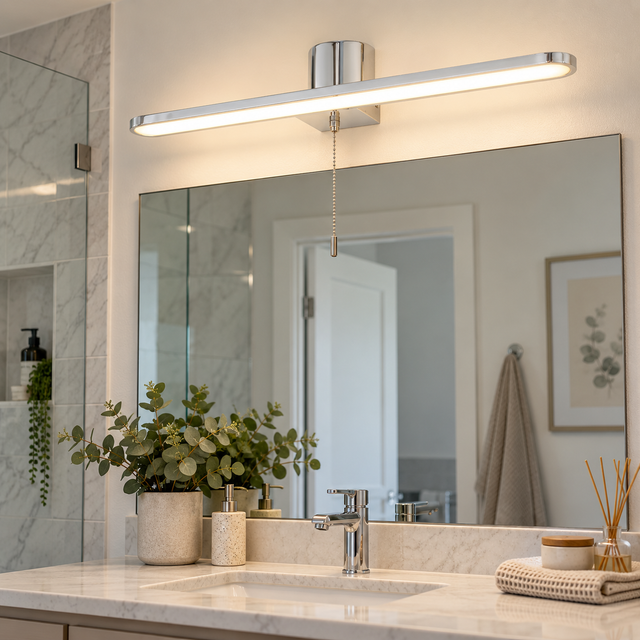 2210A CHROME illuminated in a realistic bathroom interior - Dundalk Lighting