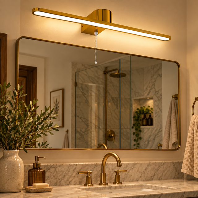 2210A GOLD illuminated in a realistic bathroom interior - Dundalk Lighting