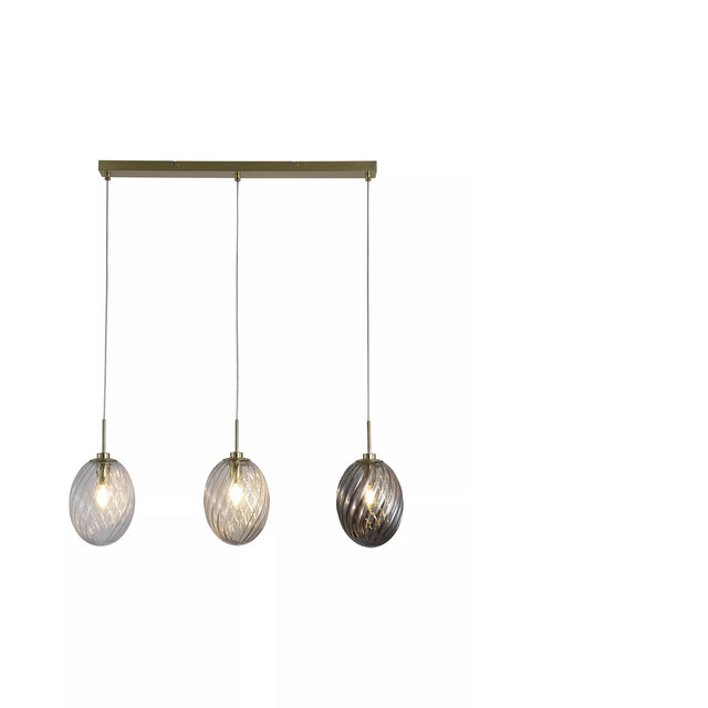 Whirl 3Lt Bar Pendant, Satin Brass Metal, Multi Coloured Glass