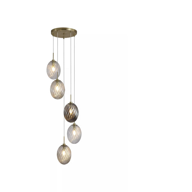 Whirl 5Lt Multi Drop Pendant, Satin Brass Metal, Coloured Gl
