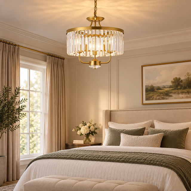 328/3 gold illuminated in a realistic interior - Dundalk Lighting