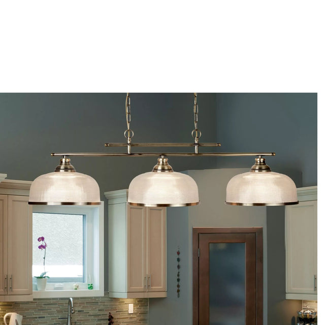 Bistro II 3Lt Pendant-Antique Brass & Holophane Style Glass