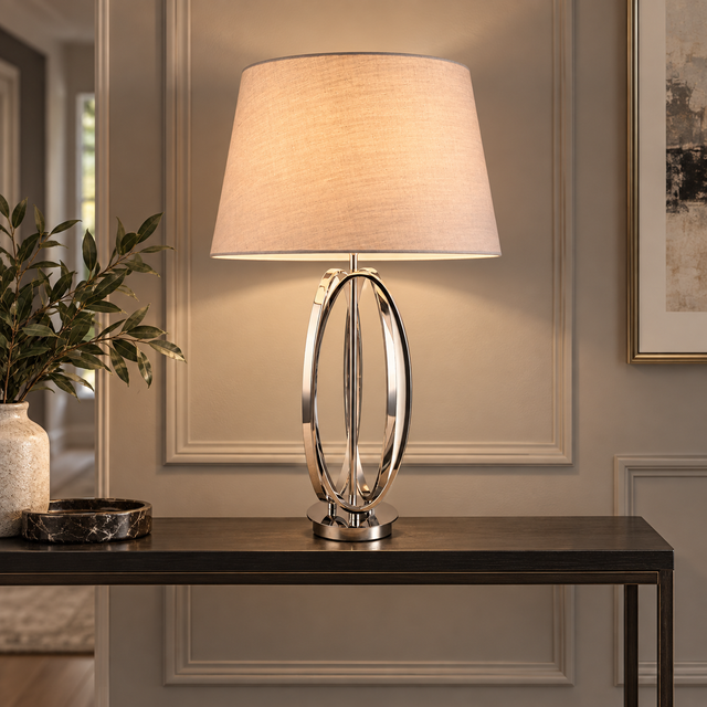 409 TABLE LAMP CHROME styled in a warm interior - Dundalk Lighting