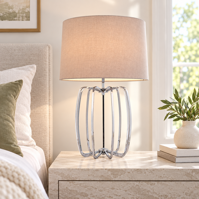 426 TABLE LAMP CHROME styled in a warm interior - Dundalk Lighting