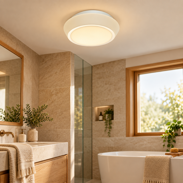 5031S1 illuminated in a realistic bathroom interior - Dundalk Lighting