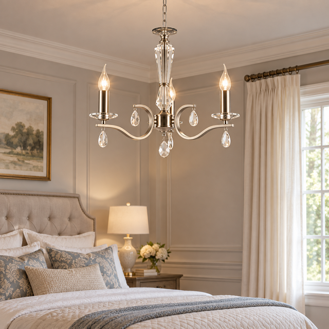 8855/3 SATIN NICKLE illuminated in a realistic interior - Dundalk Lighting
