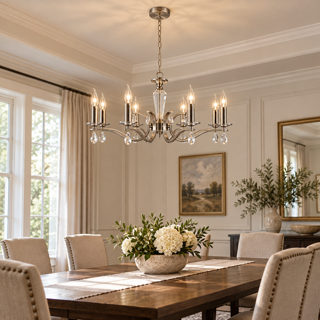 8855/8 SATIN NICKLE illuminated in a realistic interior - Dundalk Lighting