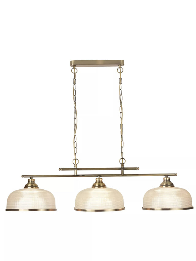 Bistro II 3Lt Pendant-Antique Brass & Holophane Style Glass