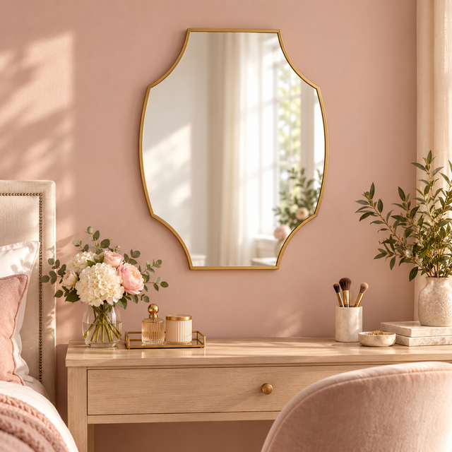 Aria Gold Mirror styled in a realistic interior - Dundalk Lighting