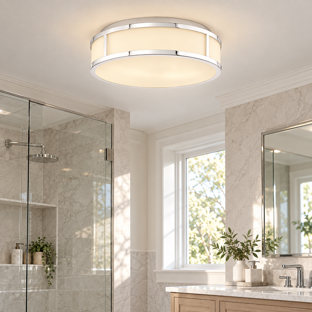 Royce 2 Light Bathroom Flush Polished Chrome and Opal Glass IP44 illuminated in a realistic bathroom interior - Dundalk Lighting