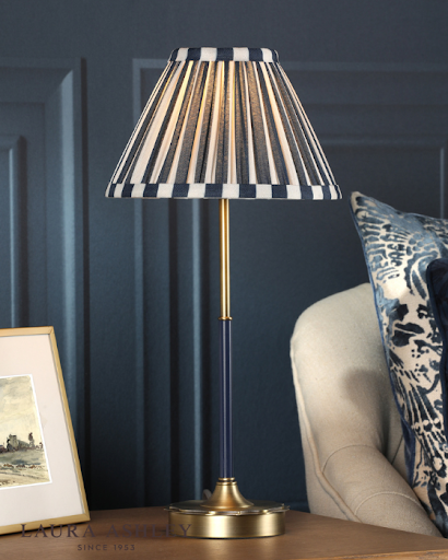 Laura Ashley Denwick Table Lamp Matt Antique Brass and Satin Blue With Shade