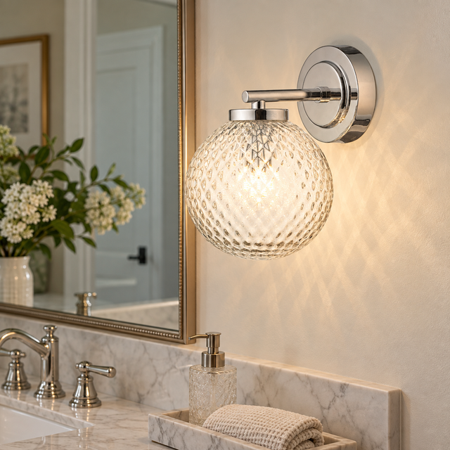 Wayne Bathroom Wall Light Polished Chrome Glass IP44 illuminated in a realistic bathroom interior - Dundalk Lighting